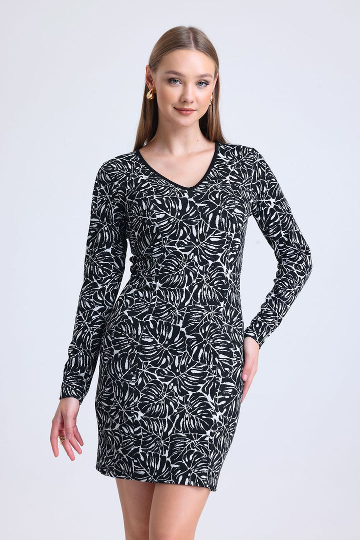 SNS Sense Ecru Black Long Sleeve Jacquard Mini Dress - Amherst