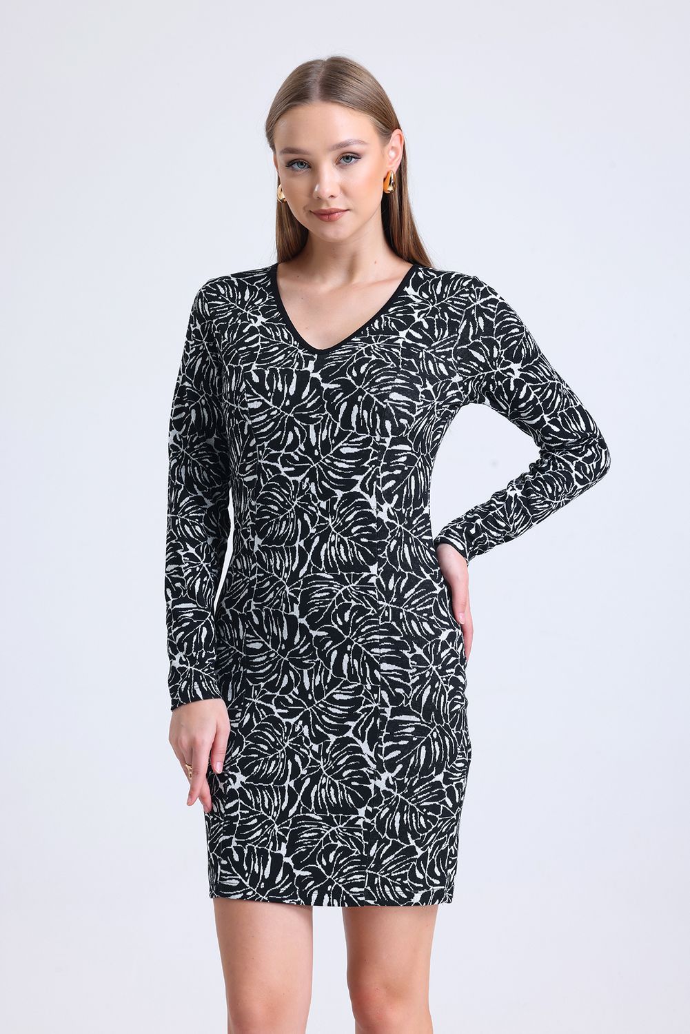 SNS Sense Ecru Black Long Sleeve Jacquard Mini Dress - Amherst