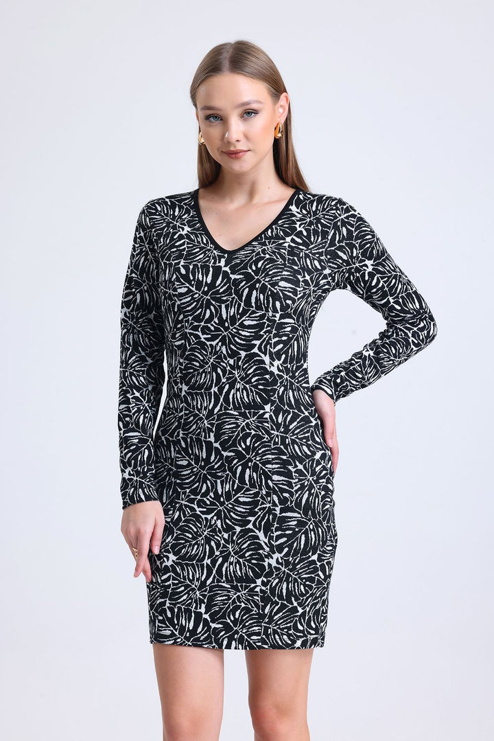 SNS Sense Ecru Black Long Sleeve Jacquard Mini Dress - Amherst