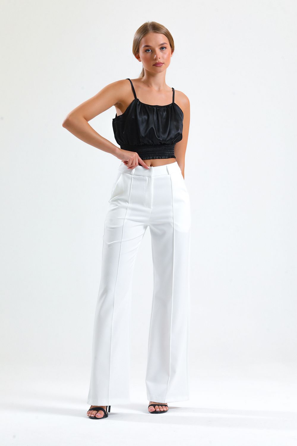 SNS Sense Ecru Decorated Stitched Hürrem Fabric Wide Leg Pants - Kornwestheim