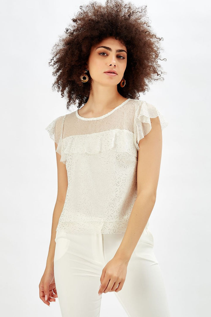 SNS Sense Ecru Varak Printed Ruffled Mini Sleeve Evening Blouse - Arles