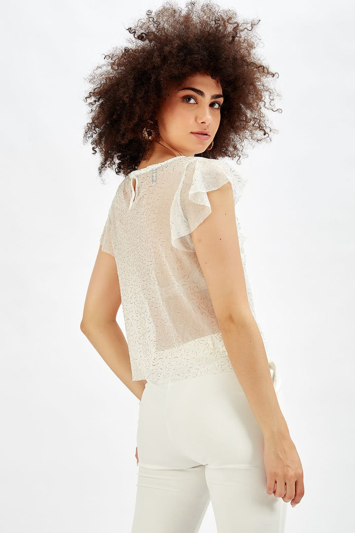 SNS Sense Ecru Varak Printed Ruffled Mini Sleeve Evening Blouse - Arles