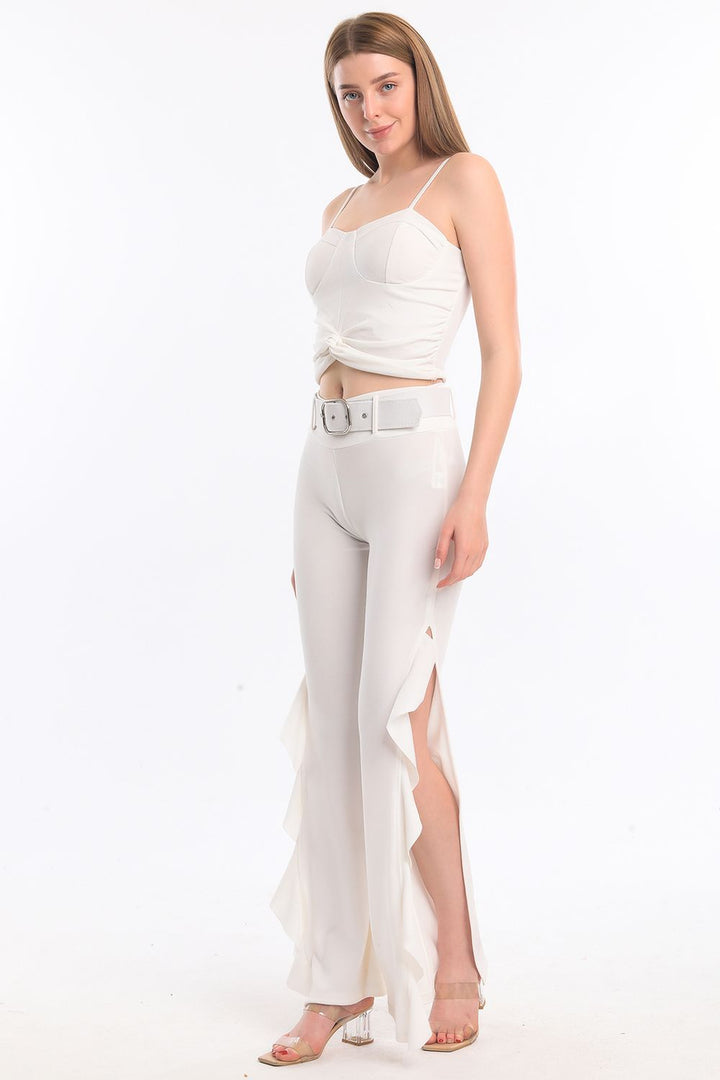 SNS Sense Ecru Flounced Belted Scuba Crepe Pants - Jacksonville
