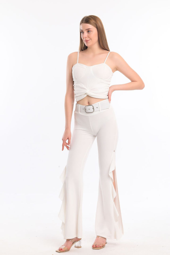 SNS Sense Ecru Flounced Belted Scuba Crepe Pants - Jacksonville