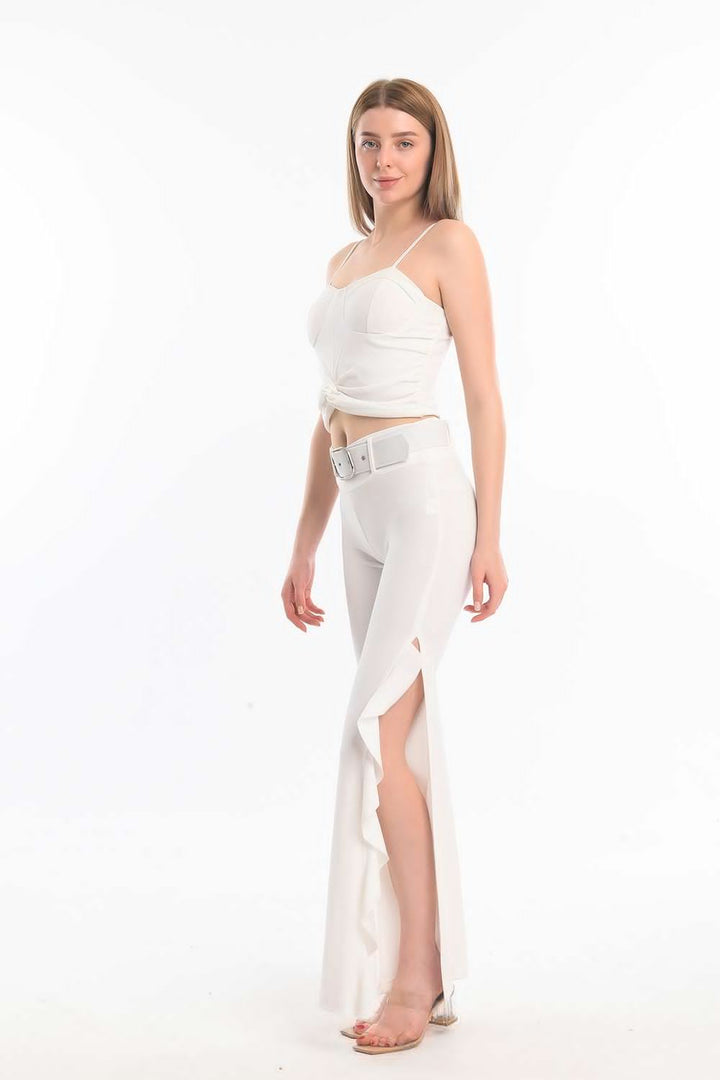 SNS Sense Ecru Flounced Belted Scuba Crepe Pants - Jacksonville