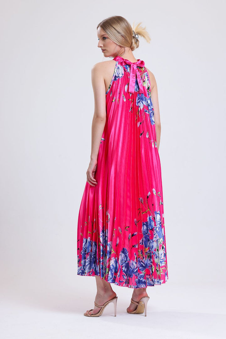 SNS Satin Dress with Fuchsia Flower Patterned Neck Tied Ruffle and Digital Print Sleeveless. - Vaughan