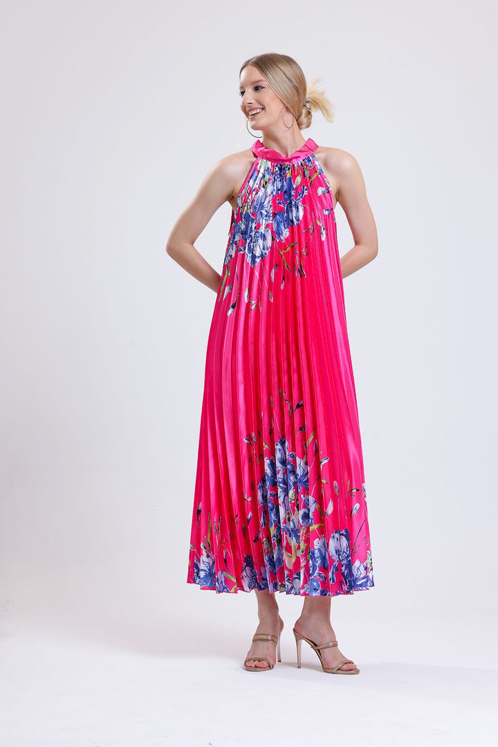 SNS Satin Dress with Fuchsia Flower Patterned Neck Tied Ruffle and Digital Print Sleeveless. - Vaughan