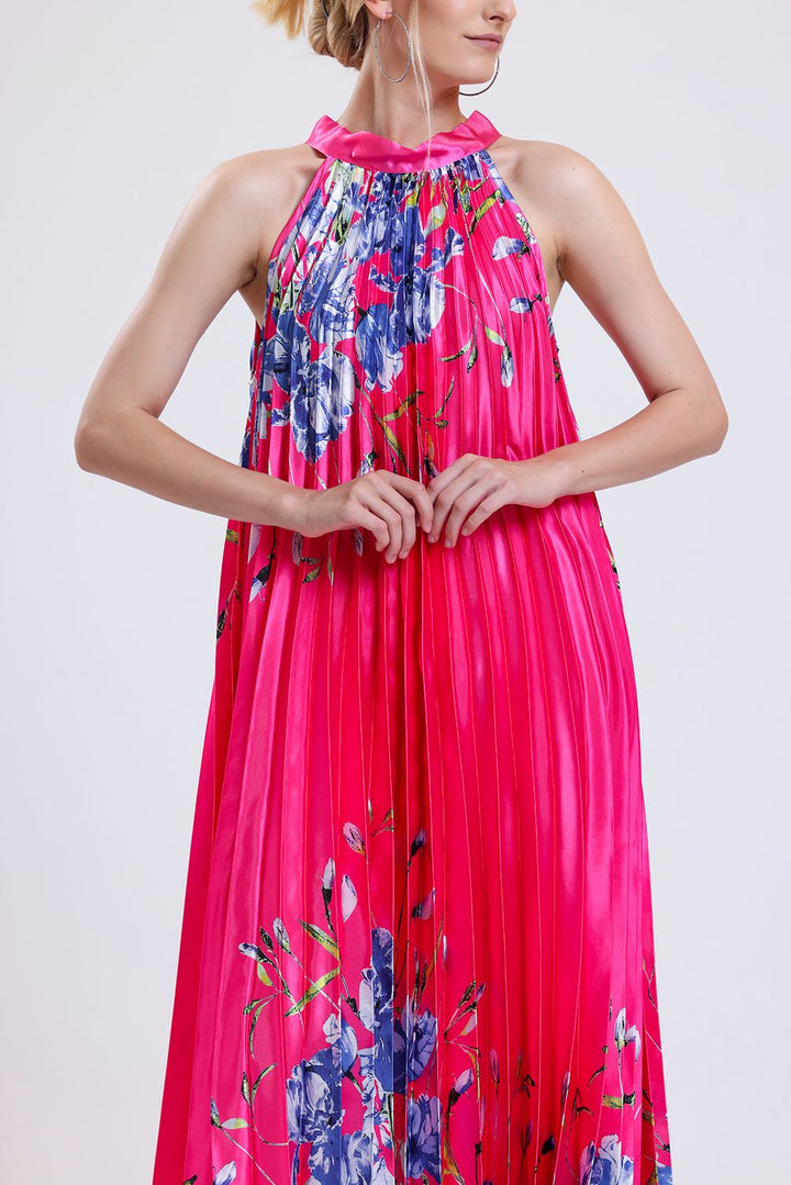 SNS Satin Dress with Fuchsia Flower Patterned Neck Tied Ruffle and Digital Print Sleeveless. - Vaughan