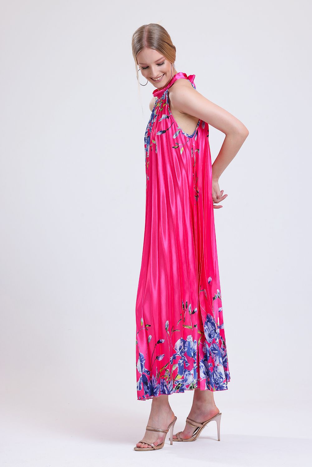 SNS Satin Dress with Fuchsia Flower Patterned Neck Tied Ruffle and Digital Print Sleeveless. - Vaughan