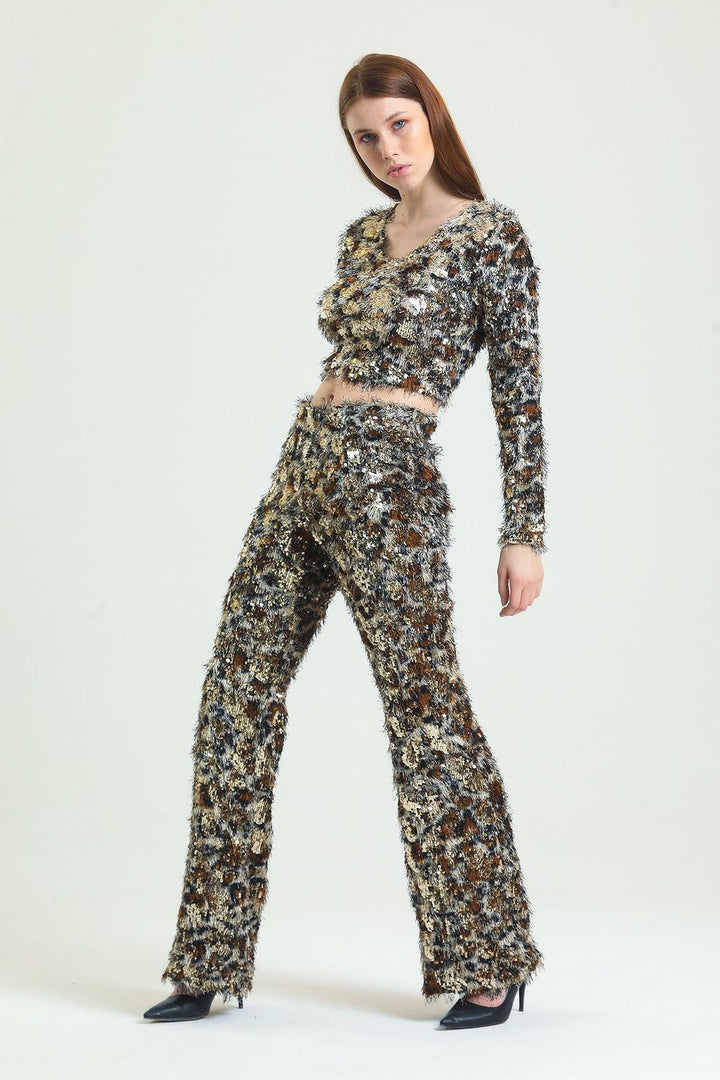 SNS Sense Gold-Coffee Waist Elastic Bearded Sequined Evening Trousers - Porto