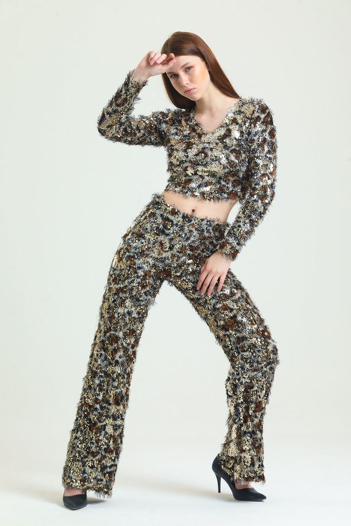 SNS Sense Gold-Coffee Waist Elastic Bearded Sequined Evening Trousers - Porto