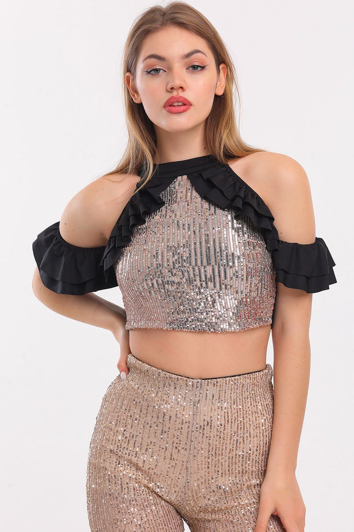 SNS Sense Gold Sleeve and Sides Ruffled Sequin Blouse - Chilapa de Álvarez