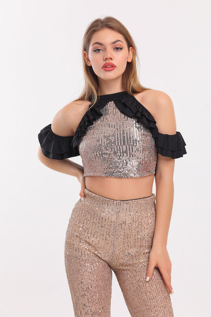 SNS Sense Gold Sleeve and Sides Ruffled Sequin Blouse - Chilapa de Álvarez