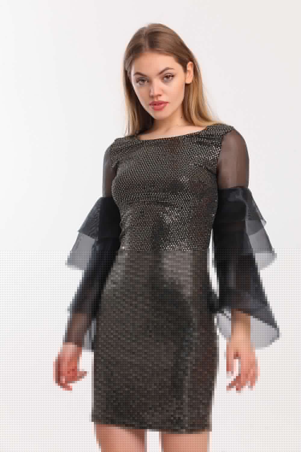 SNS Sense Gold Collar Organza Sequin Evening Dress - Lipjan
