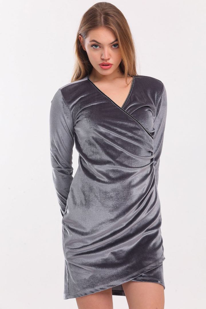 SNS Sense Gray Double Breasted Long Sleeve Velvet Mini Stone Embellished Evening Dress - Bagneux