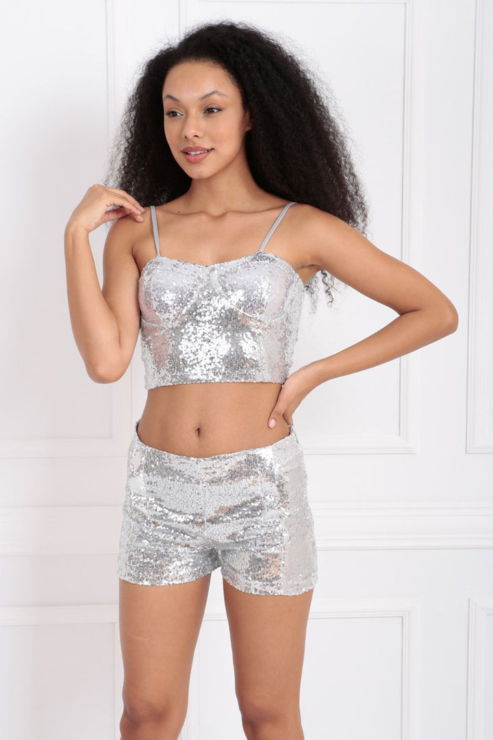 SNS Sense Silver Sequined Bustier with Back Zipper and Straps - Chorley