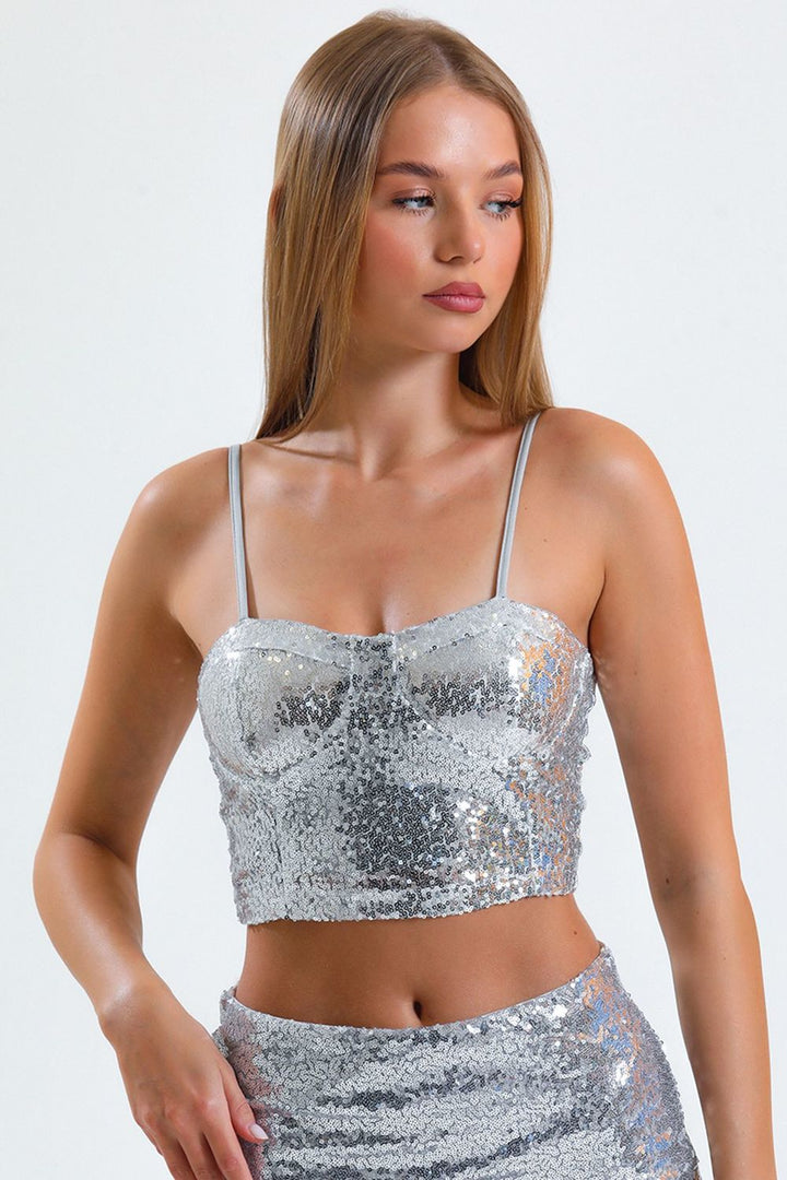 SNS Sense Silver Sequined Bustier with Back Zipper and Straps - Chorley