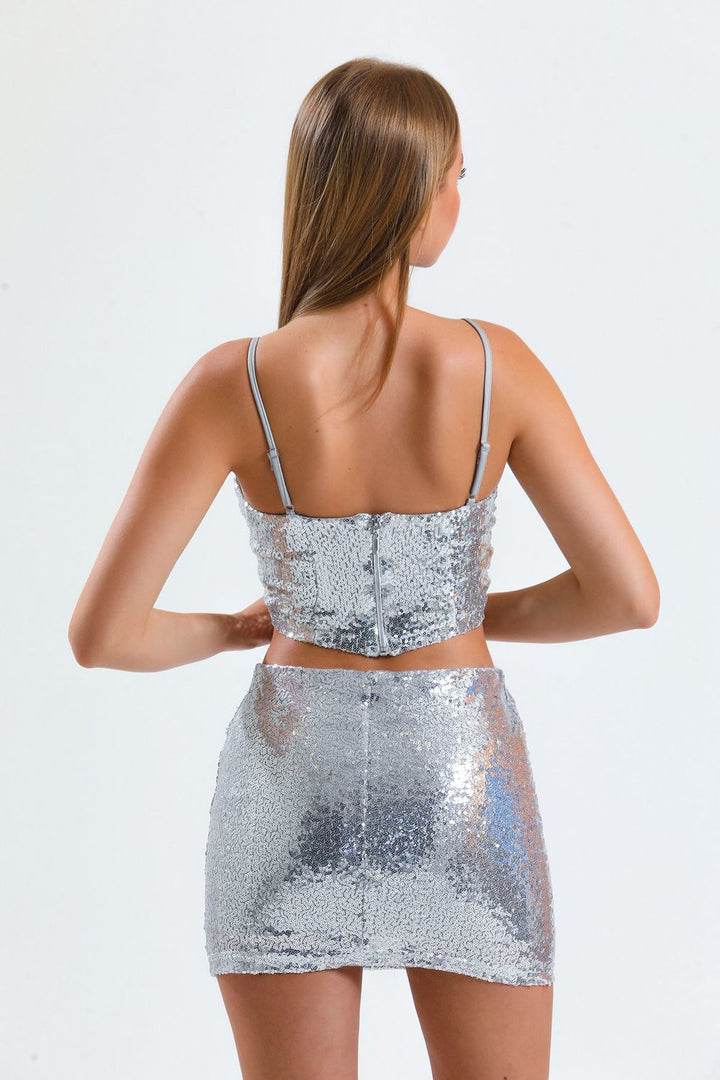 SNS Sense Silver Sequined Bustier with Back Zipper and Straps - Chorley