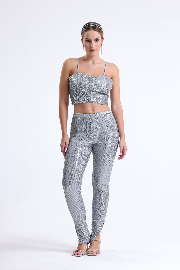 SNS Sense Silver Wide Leg Lined Sequin Pants - Leyland