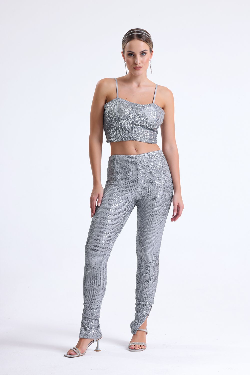 SNS Sense Silver Wide Leg Lined Sequin Pants - Leyland