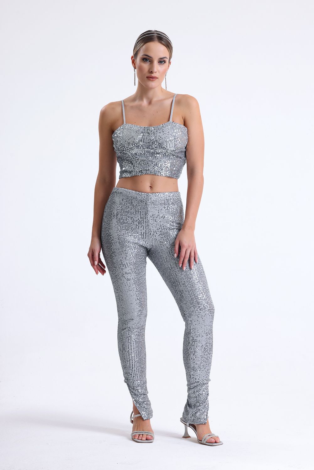 SNS Sense Silver Wide Leg Lined Sequin Pants - Leyland