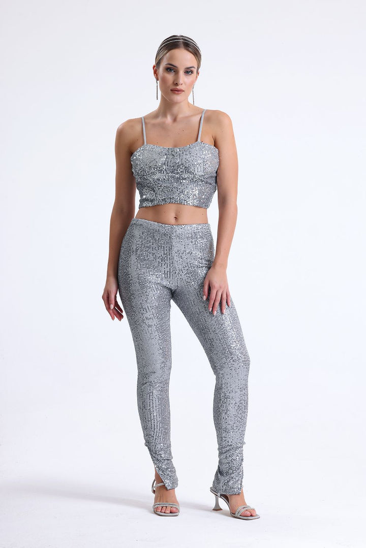 SNS Sense Silver Wide Leg Lined Sequin Pants - Leyland