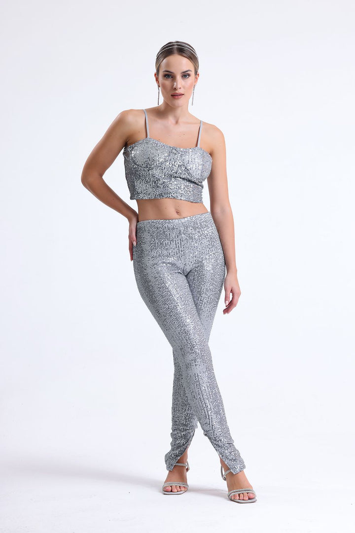 SNS Sense Silver Wide Leg Lined Sequin Pants - Leyland