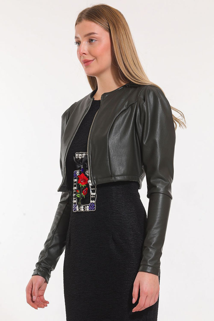 SNS Sense Hakı Front Zip Short Leather Jacket - Liège