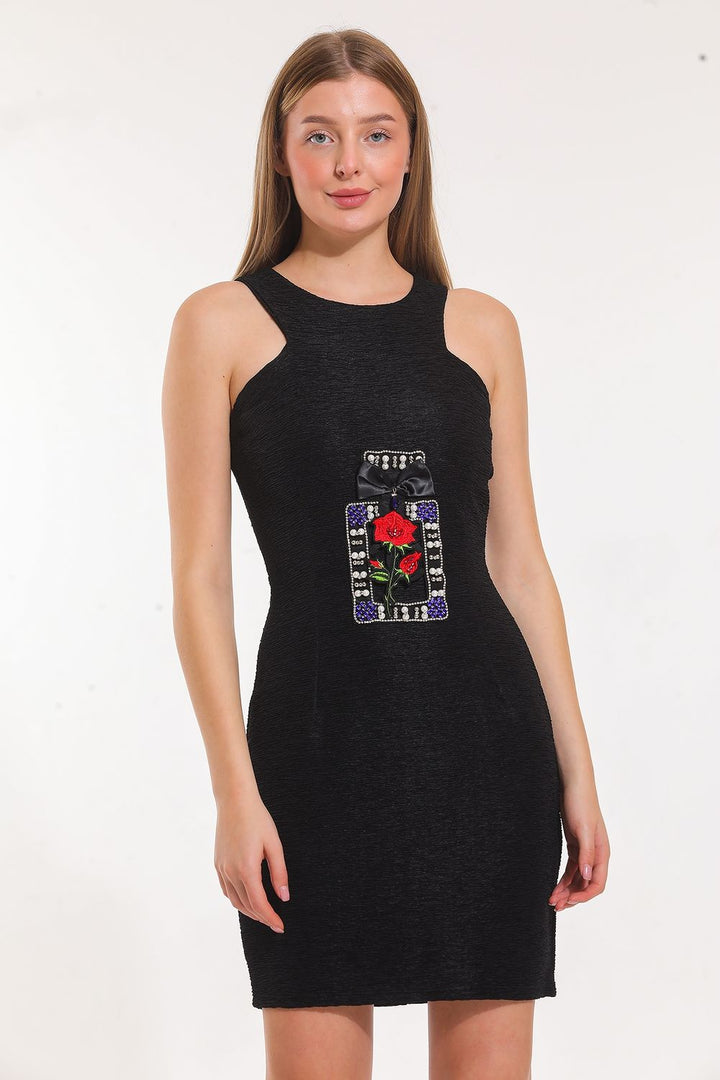 SNS Sense K.Black, Pool Neck Appliqued Crinkled Sleeveless Dress - Hammersmith