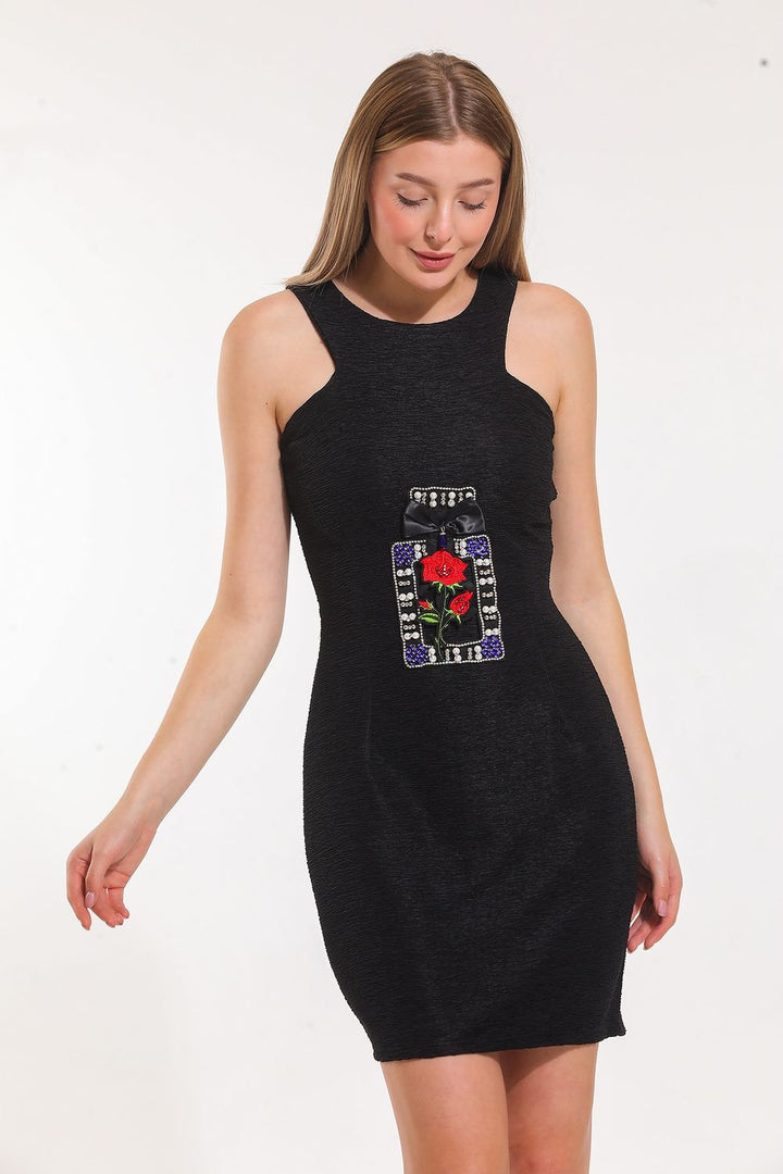 SNS Sense K.Black, Pool Neck Appliqued Crinkled Sleeveless Dress - Hammersmith