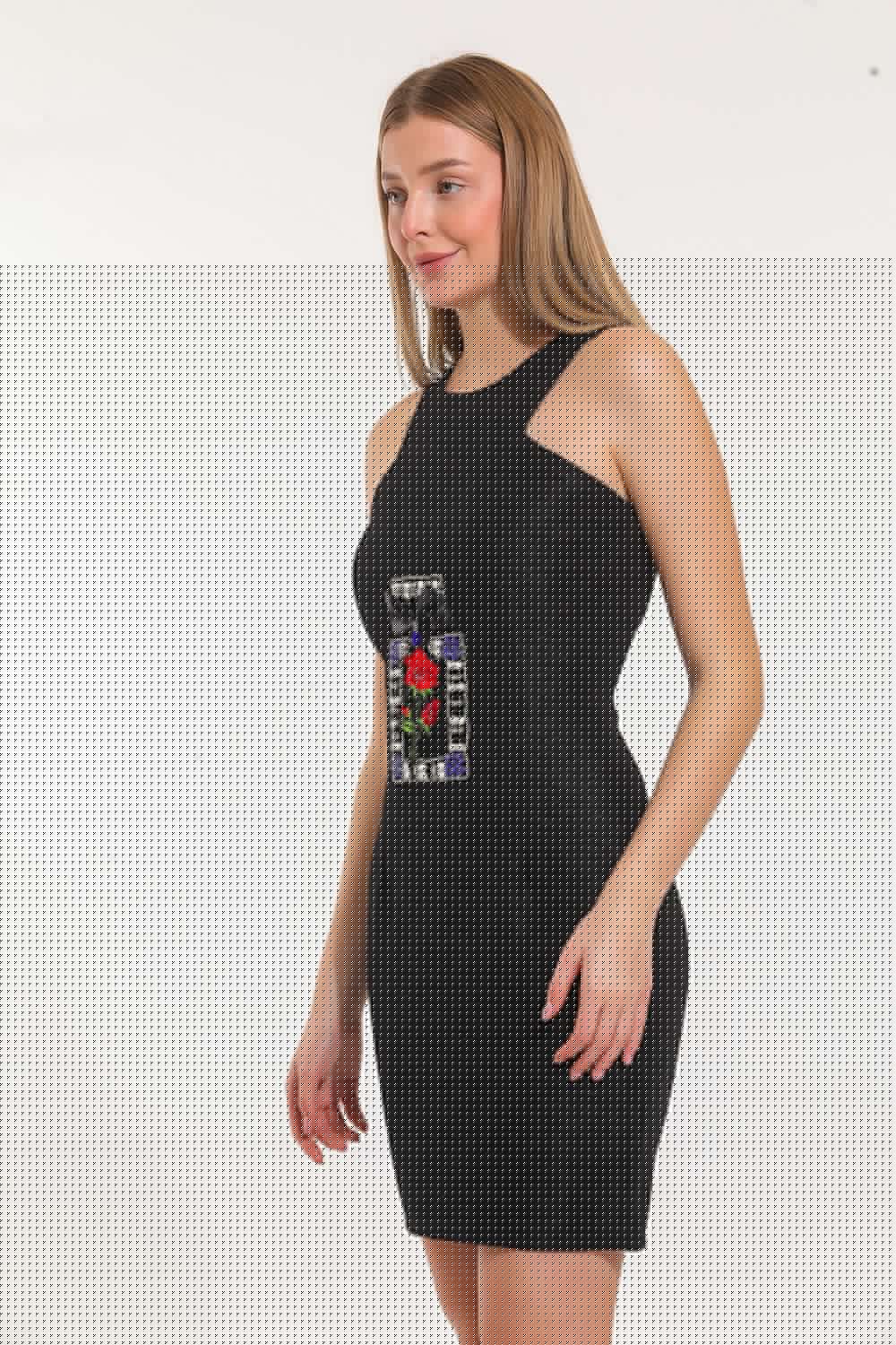 SNS Sense K.Black, Pool Neck Appliqued Crinkled Sleeveless Dress - Hammersmith