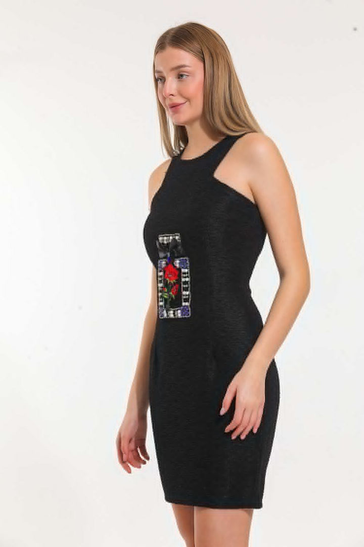 SNS Sense K.Black, Pool Neck Appliqued Crinkled Sleeveless Dress - Hammersmith