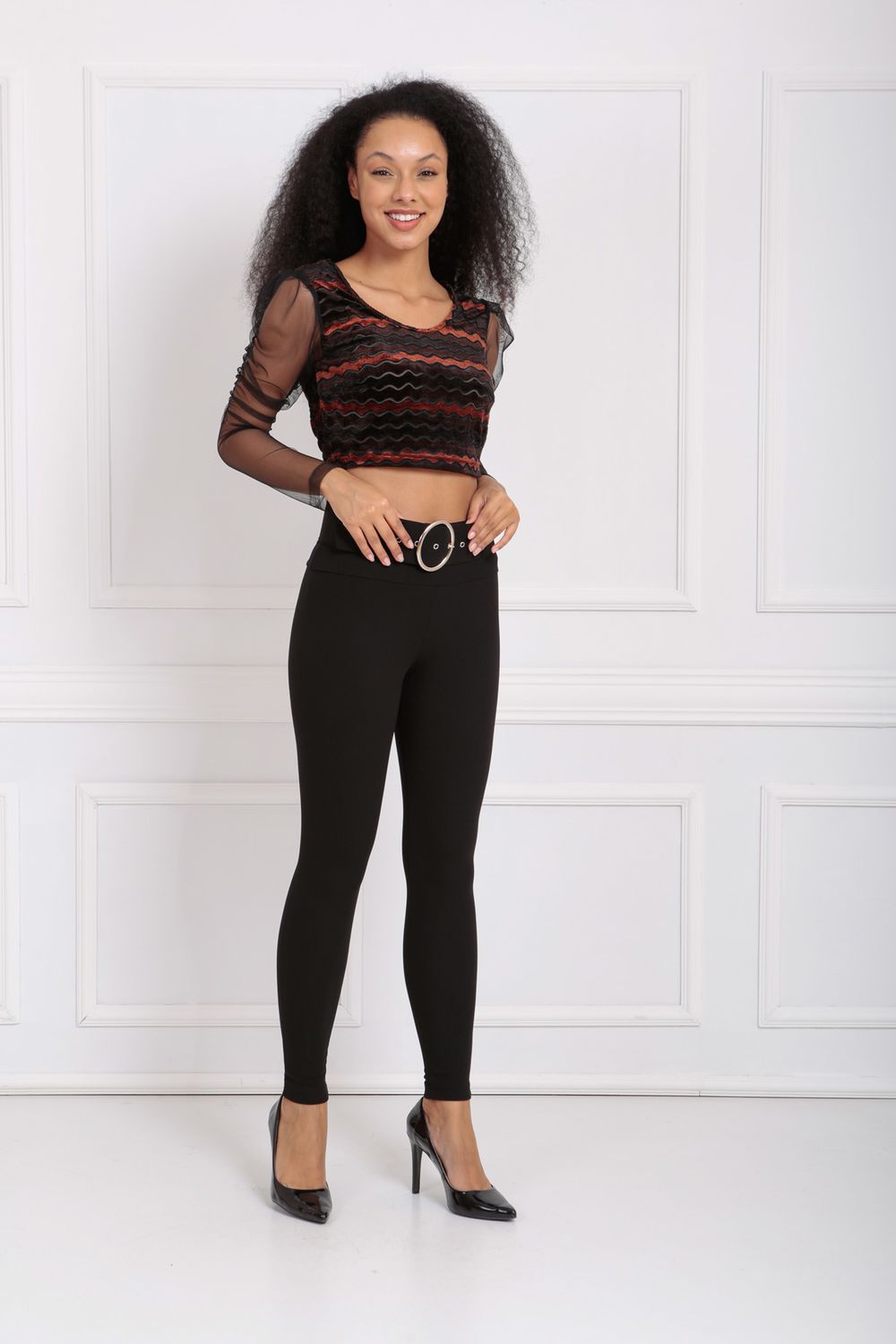 SNS Sense Coffee Sleeve Tulle Striped Velvet Blouse - Pulheim