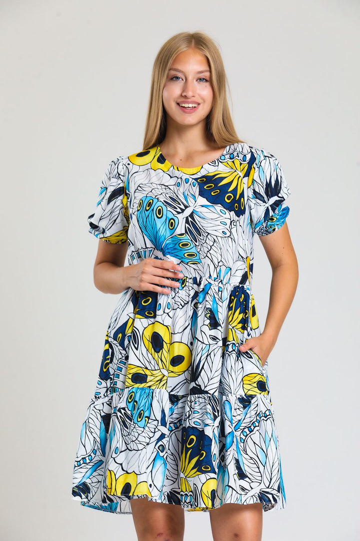 SNS Sense Butterfly Print Pointed Collar Elastic Waist Back Droplet Side Pocket Dress - Etterbeek