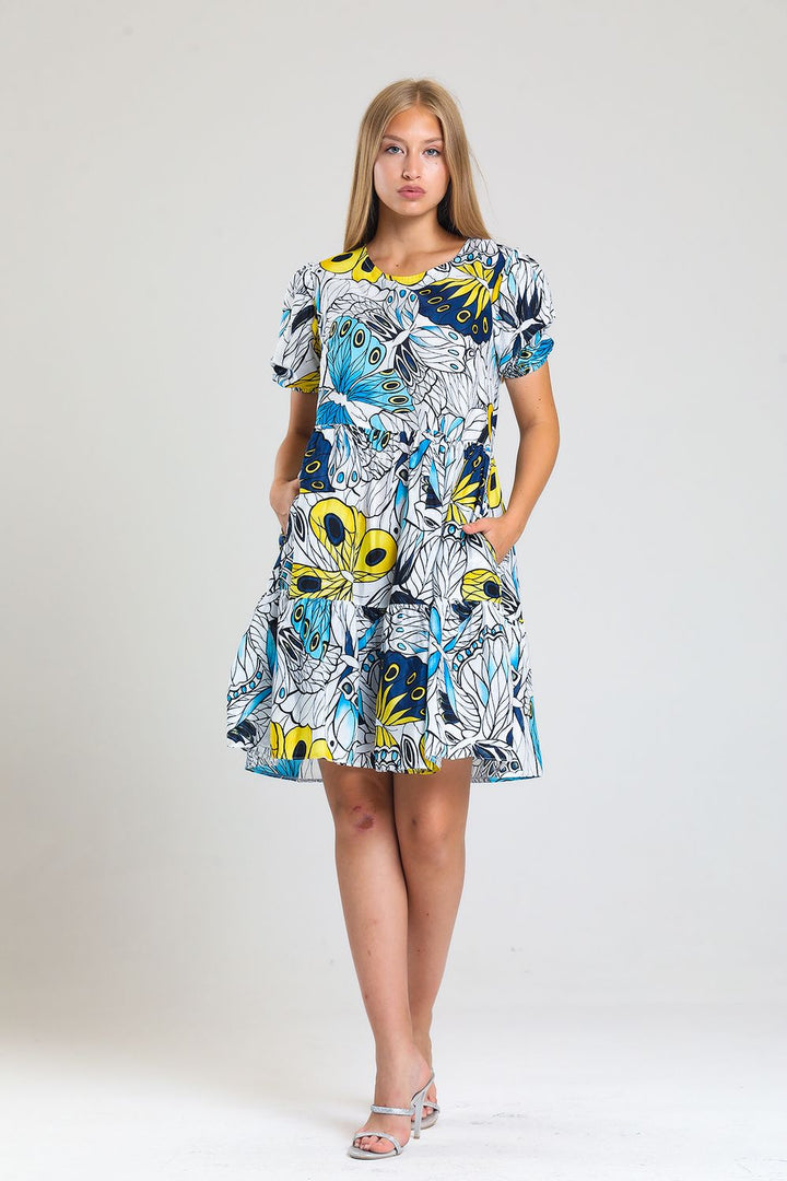 SNS Sense Butterfly Print Pointed Collar Elastic Waist Back Droplet Side Pocket Dress - Etterbeek