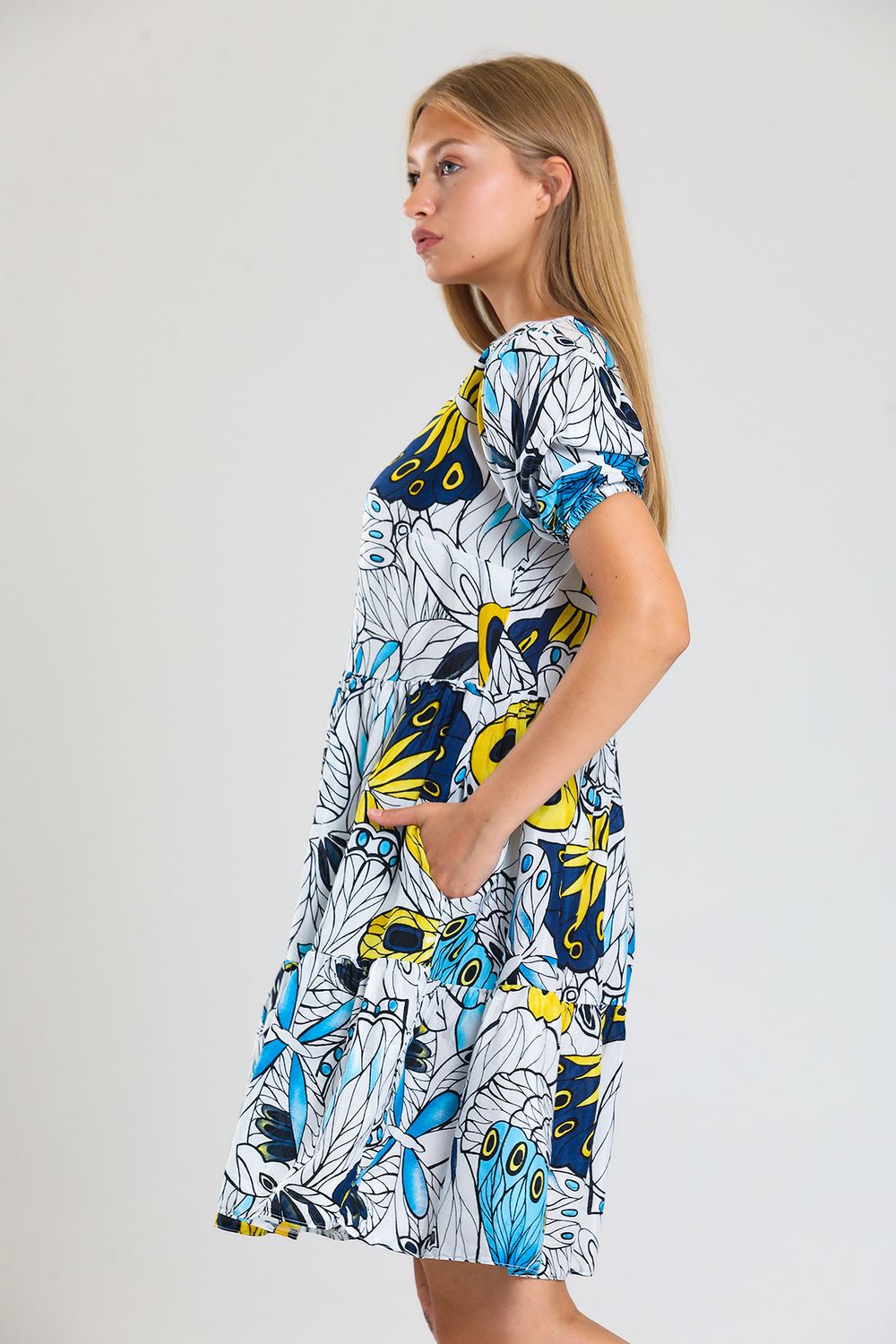 SNS Sense Butterfly Print Pointed Collar Elastic Waist Back Droplet Side Pocket Dress - Etterbeek
