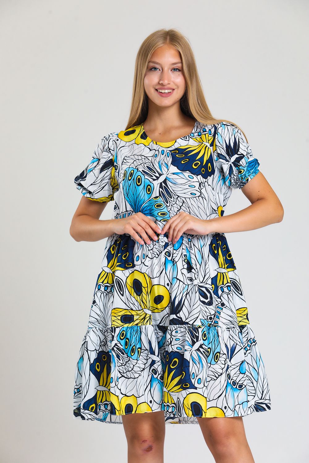 SNS Sense Butterfly Print Pointed Collar Elastic Waist Back Droplet Side Pocket Dress - Etterbeek