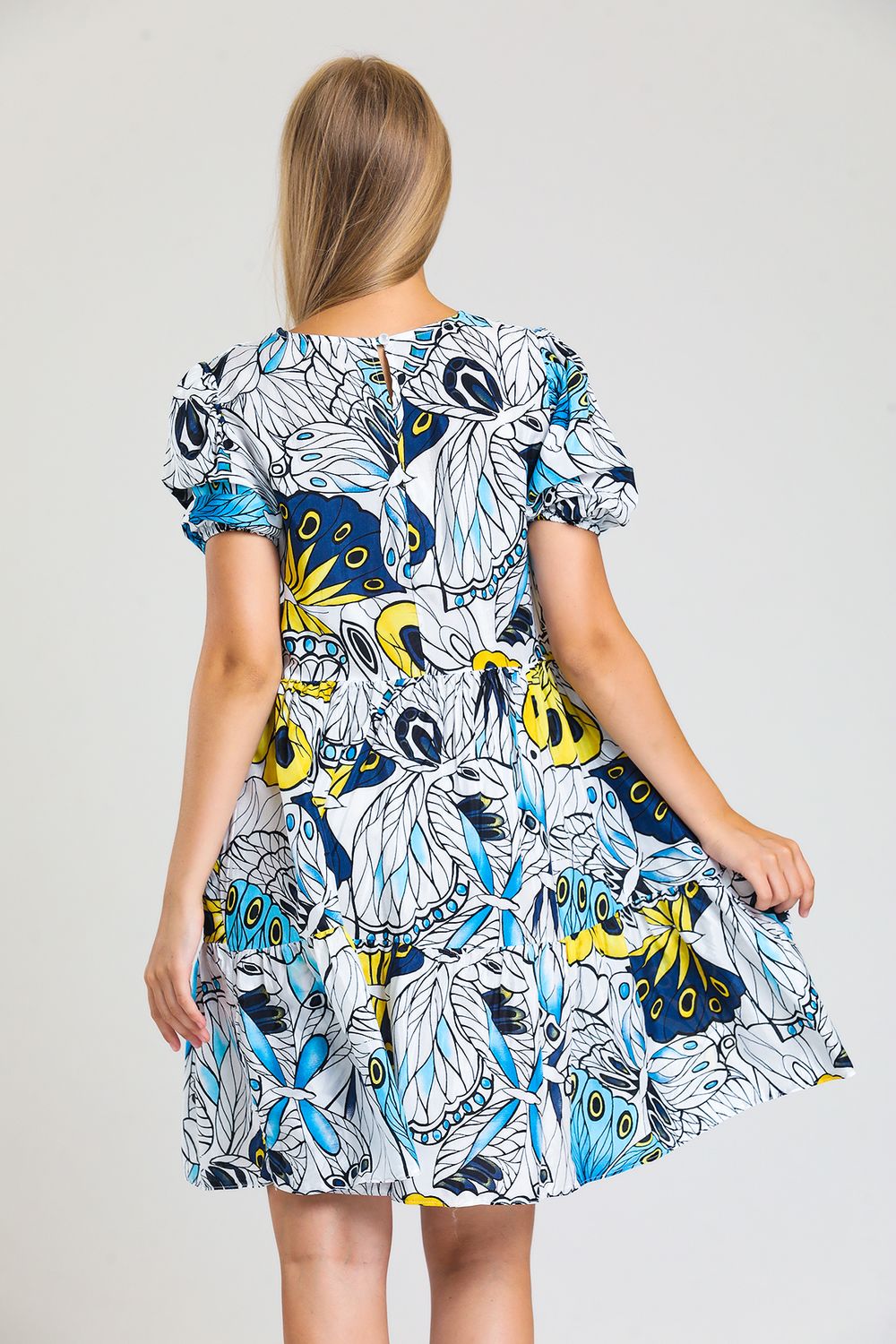 SNS Sense Butterfly Print Pointed Collar Elastic Waist Back Droplet Side Pocket Dress - Etterbeek