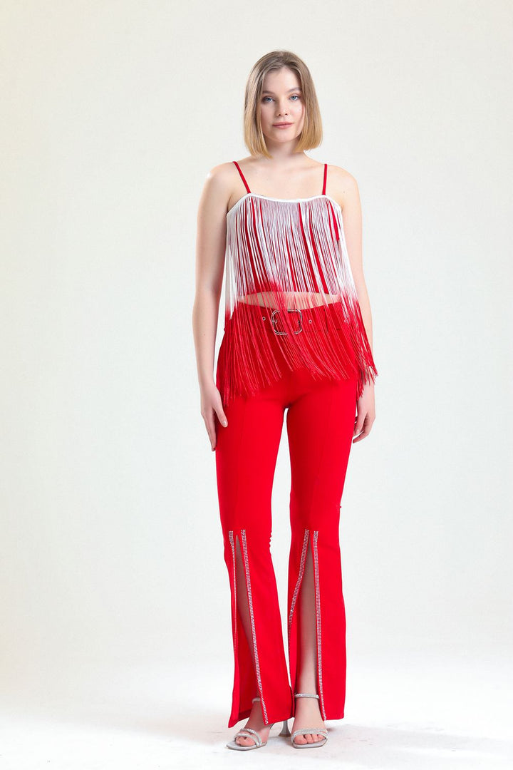 SNS Sense Red High-Waisted Belted Hem Embellished Scuba Crepe Evening Pants - Cypress