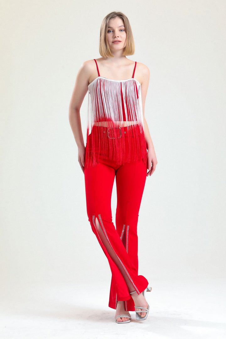 SNS Sense Red High-Waisted Belted Hem Embellished Scuba Crepe Evening Pants - Cypress