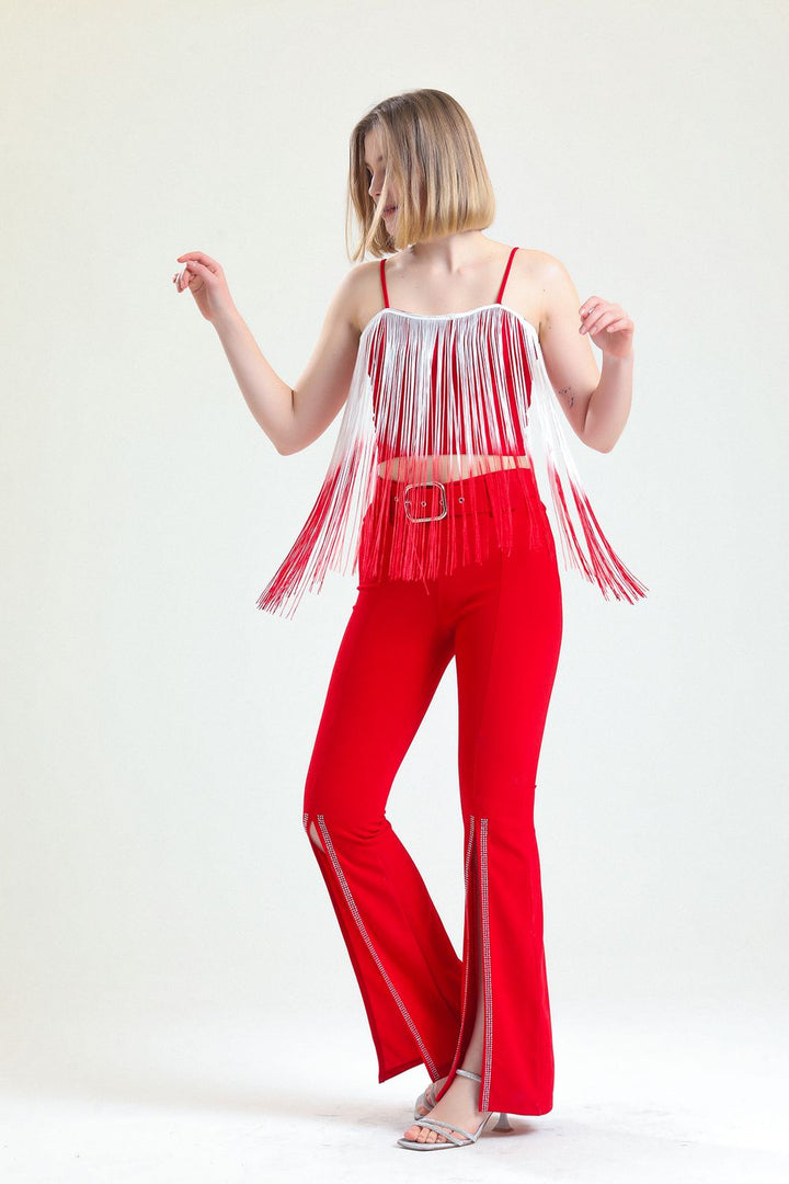 SNS Sense Red High-Waisted Belted Hem Embellished Scuba Crepe Evening Pants - Cypress