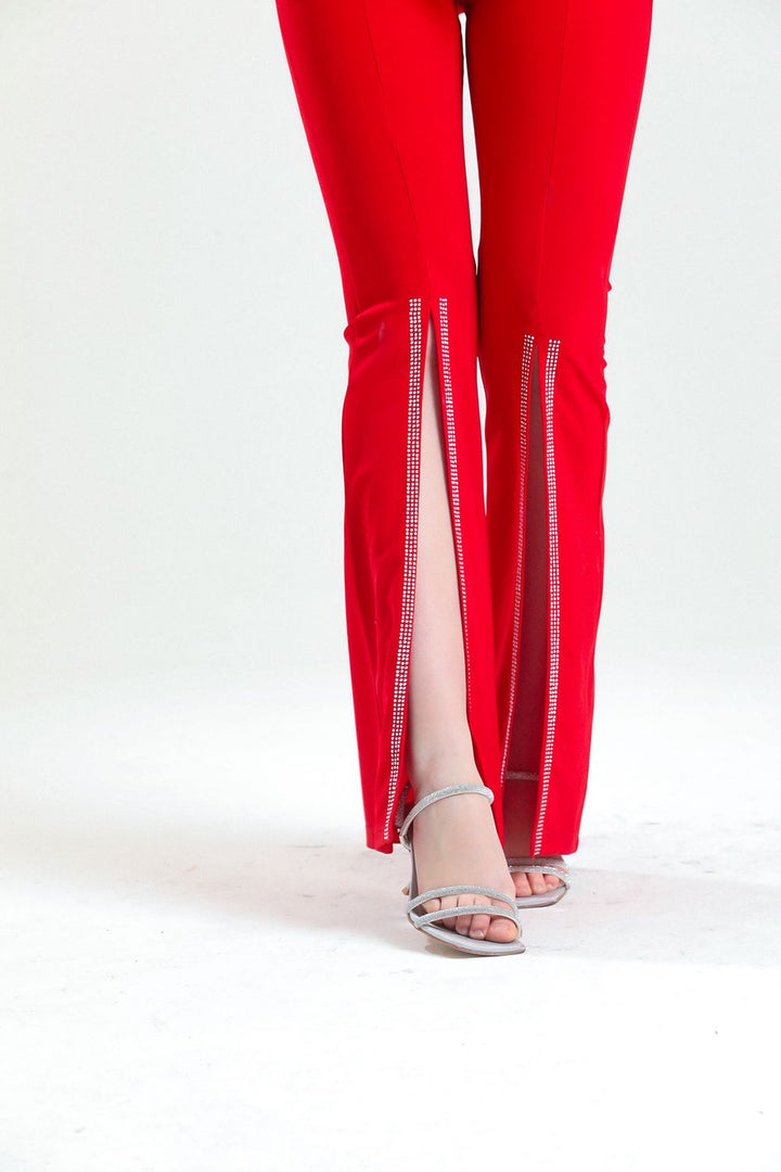 SNS Sense Red High-Waisted Belted Hem Embellished Scuba Crepe Evening Pants - Cypress