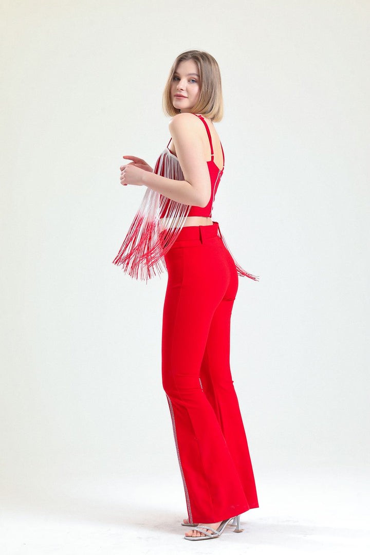 SNS Sense Red High-Waisted Belted Hem Embellished Scuba Crepe Evening Pants - Cypress