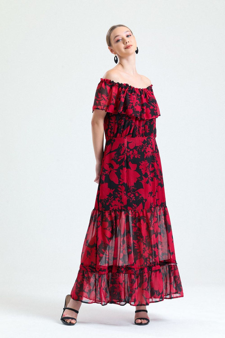 SNS Sense Red Black Ruffled Sleeveless Lined Chiffon Dress - Miercurea-Ciuc