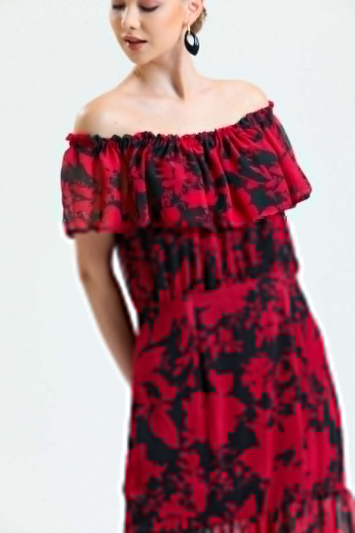 SNS Sense Red Black Ruffled Sleeveless Lined Chiffon Dress - Miercurea-Ciuc