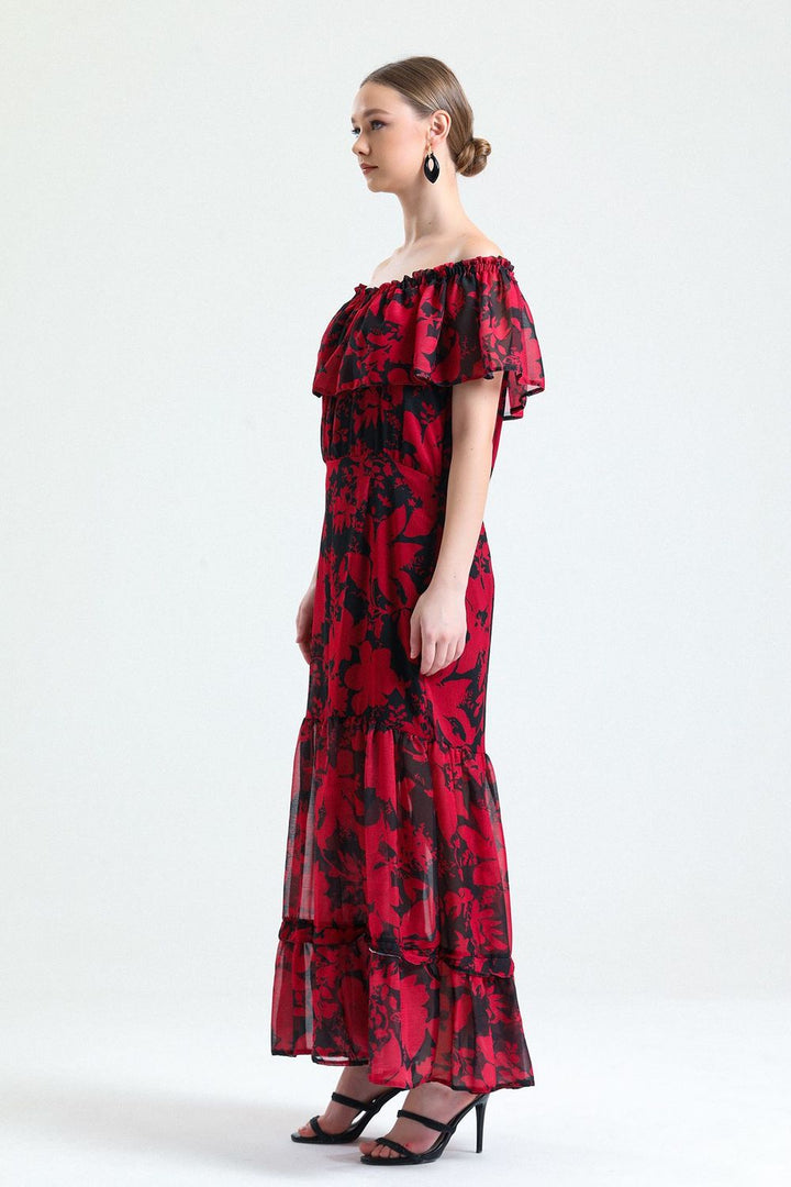 SNS Sense Red Black Ruffled Sleeveless Lined Chiffon Dress - Miercurea-Ciuc