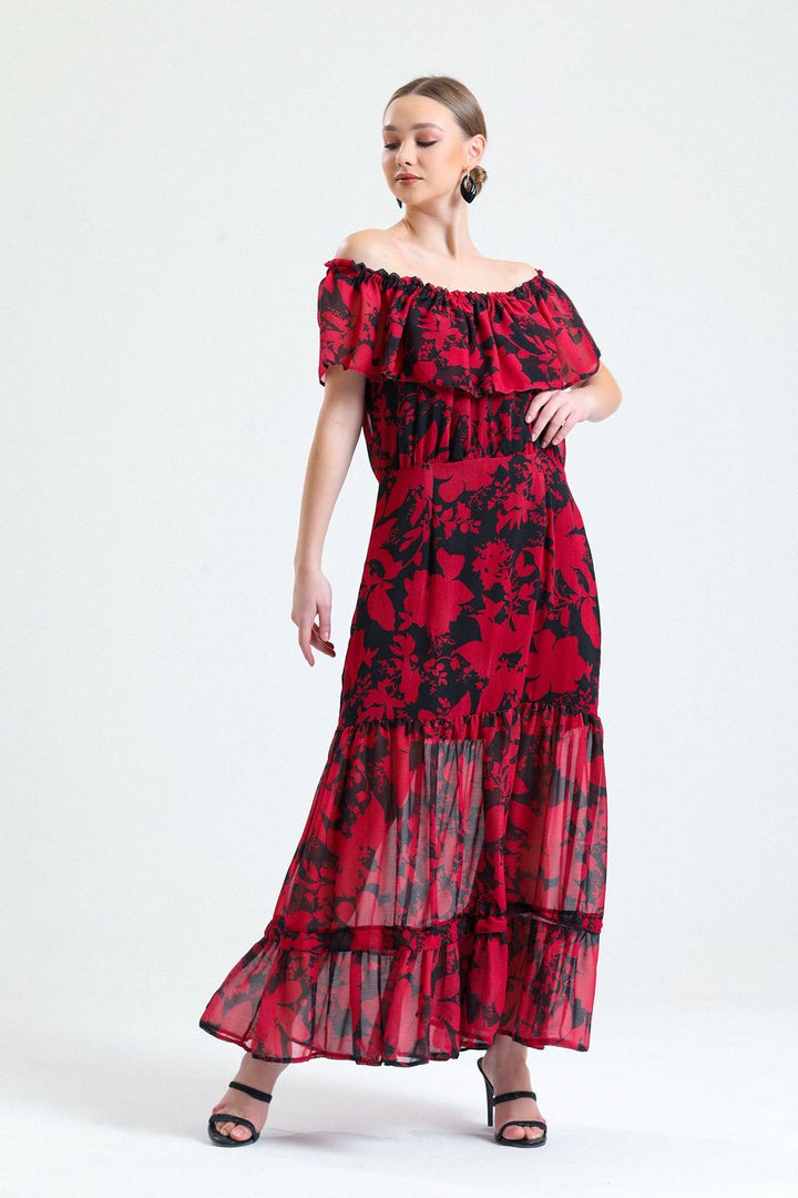 SNS Sense Red Black Ruffled Sleeveless Lined Chiffon Dress - Miercurea-Ciuc