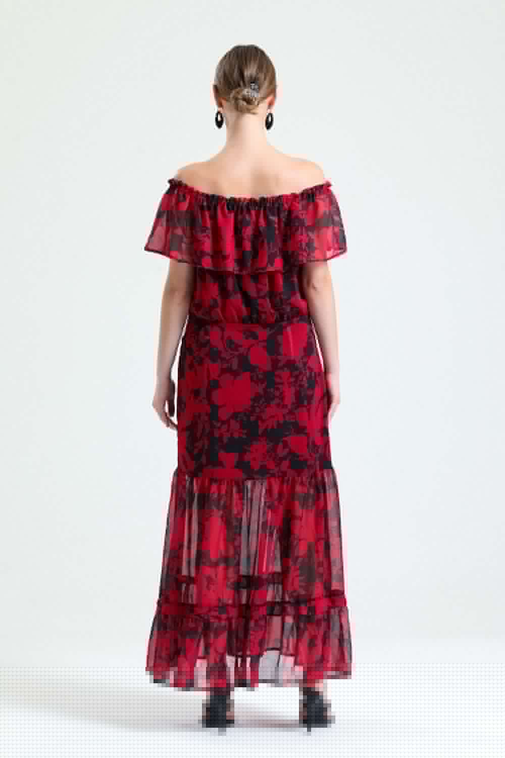 SNS Sense Red Black Ruffled Sleeveless Lined Chiffon Dress - Miercurea-Ciuc