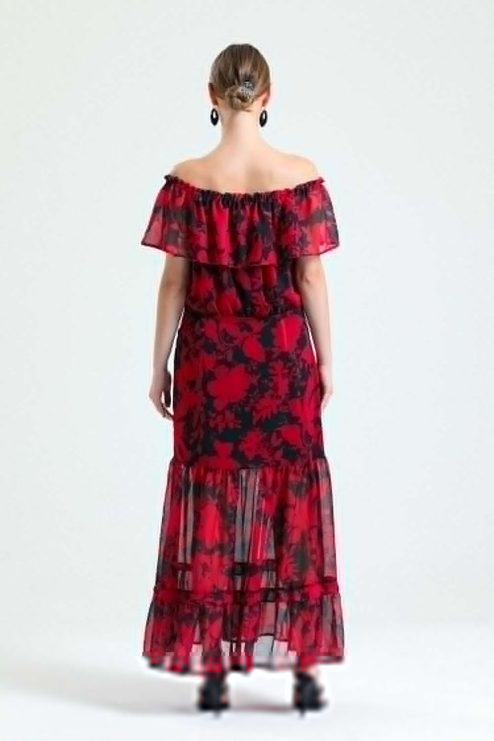 SNS Sense Red Black Ruffled Sleeveless Lined Chiffon Dress - Miercurea-Ciuc