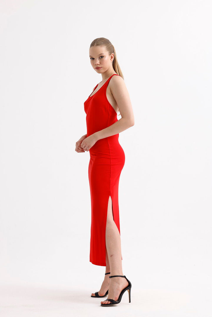 SNS Sense Red Slit Back Decollete Cross Strap Sleeveless Square Neck Viscose Dress - Tacoma